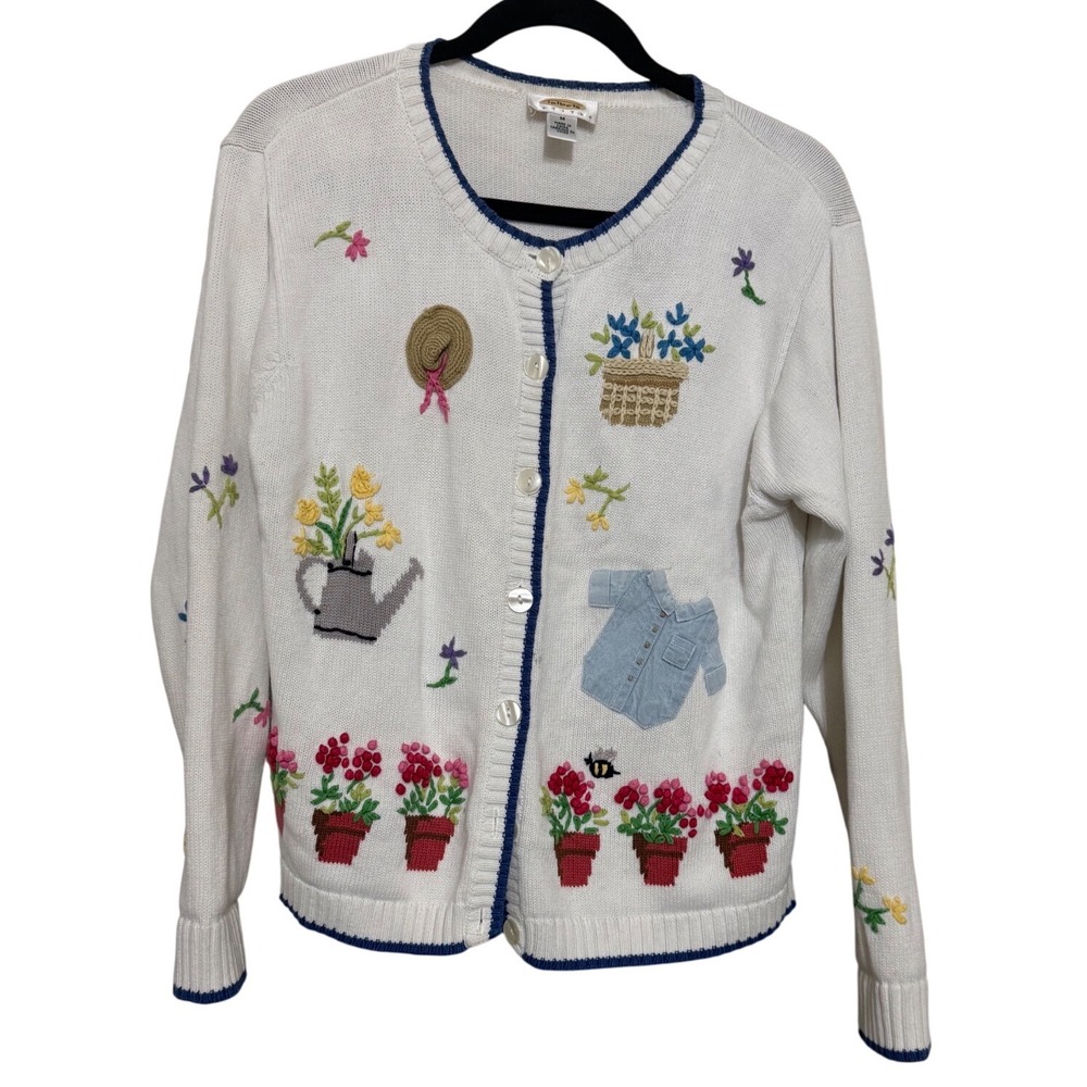 Talbots Petites White Cotton Embroidered Garden Floral Cardigan Sweater Medium M